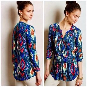 MAEVE Anthropologie Topoxte Drop Waist Geometric Ikat Multicolor Blouse Top